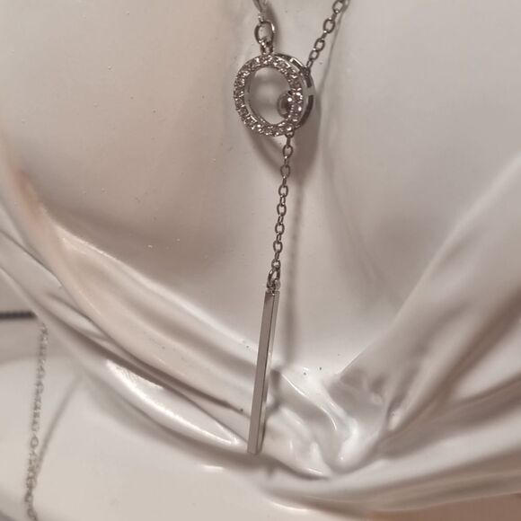 SILVER RHINESTONE CIRCLE THREADER BAR SWEATER NECKLACE w detail - Picture 5 of 8